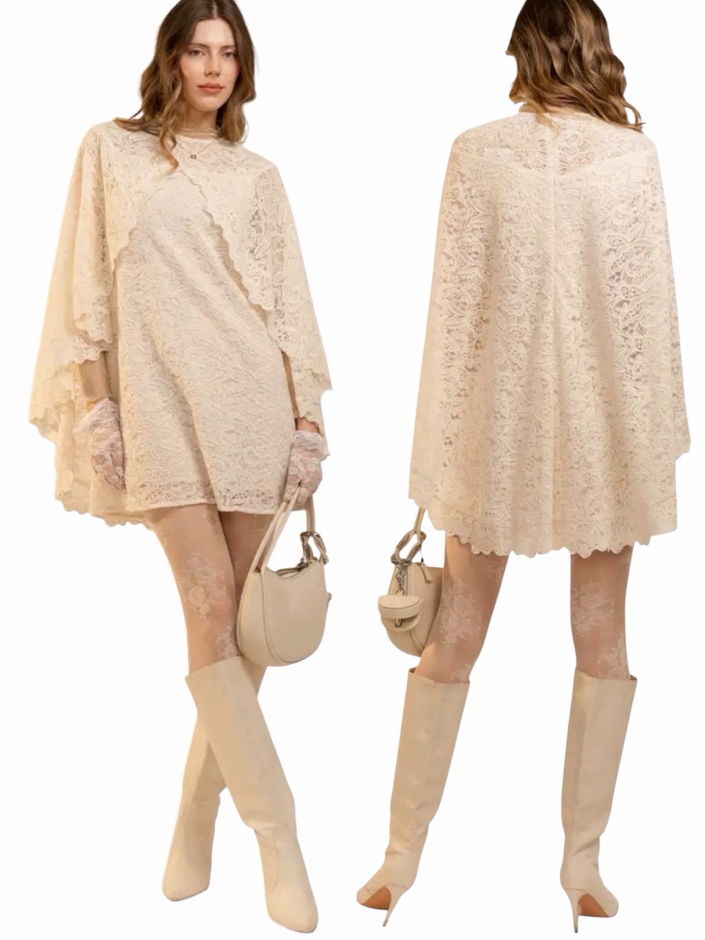 NEW blue b Cream Ivory Lace Cape Crew Sleeveless Boho Mini Dress Scallop Edge